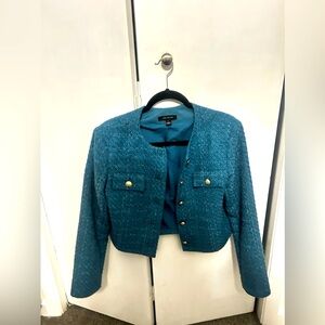 The Ann Taylor Balmy Blue tweed crew neck jacket